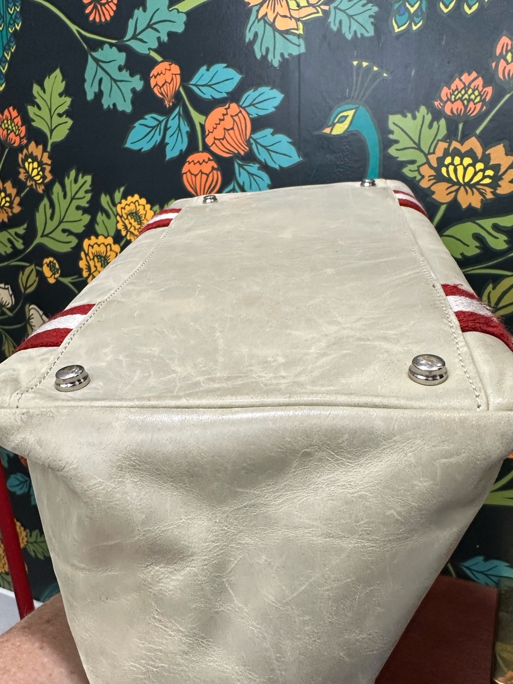 Bally Terrabella Trainspotting Leather Tote Pearl Ivory Red Stripe Made in Italy - Picture 9 of 13